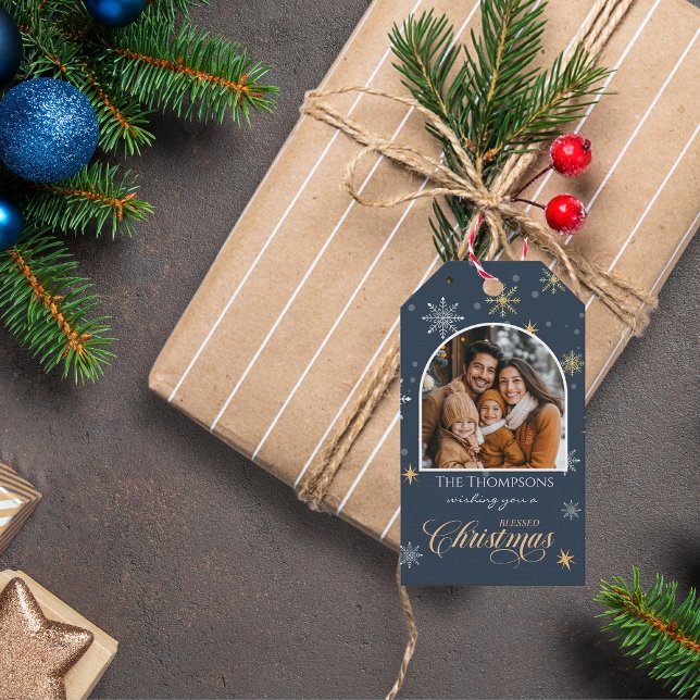 Modern Winter Snöflingor Photo Navy Blue jul Presentetikett (Skapare uppladdad)