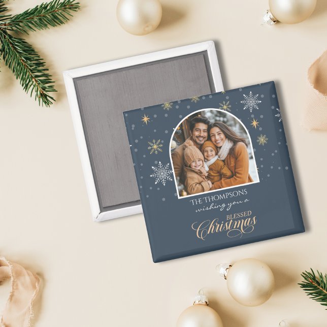 Modern Winter Snöflingor Photo Navy jul Magnet (Skapare uppladdad)