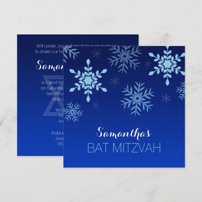 Modern Winter Wonderland Blue Bat mitzvah Inbjudningar (Fram/baksida)