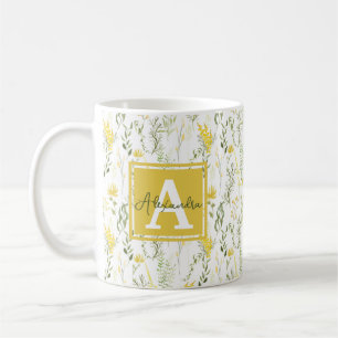 Modern Wispy Gult Wildblommor Blommigt Monogram Kaffemugg