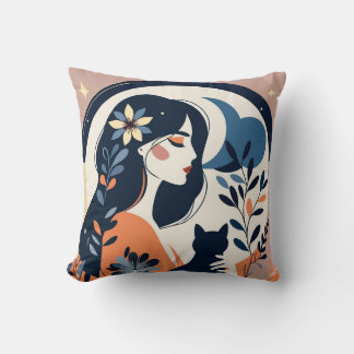 Modern Woman and Cat Throw Pillow Boho Floral Art Kudde