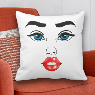 Modern Woman Line Art Teckning Blue Öga Red Läppar Kudde