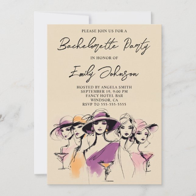 Modern Women Cocktails Illustration Bachelorette Inbjudningar (Framsida)