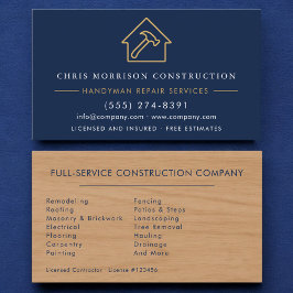 Modern Wood Handyman Navy Blue Gold Construction  Visitkort