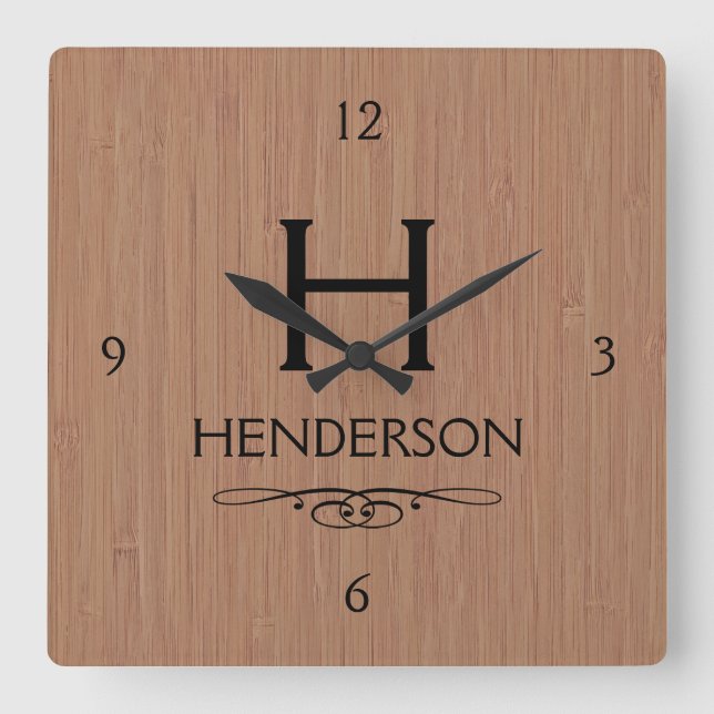 Modern Wood Monogram Family Namn Fyrkantig Klocka (Framsida)