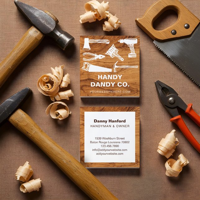 Modern Woodgrain Handyman Verktyg ConTRAR Builder Fyrkantigt Visitkort (Modern Woodgrain Handyman Tools Contractor Builder Square Business Card)