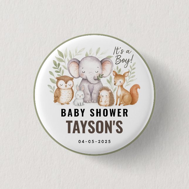Modern Woodland Animals Forest Boy Baby Shower Knapp (Framsida)