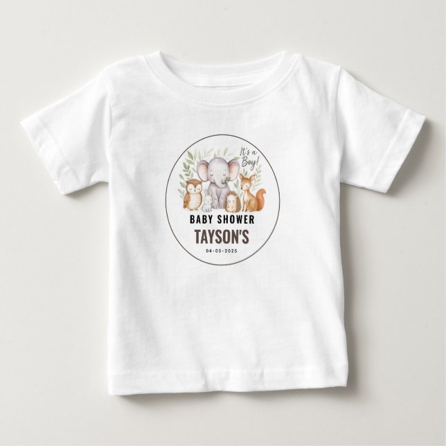 Modern Woodland Animals Forest Boy Baby Shower T Shirt (Framsida)
