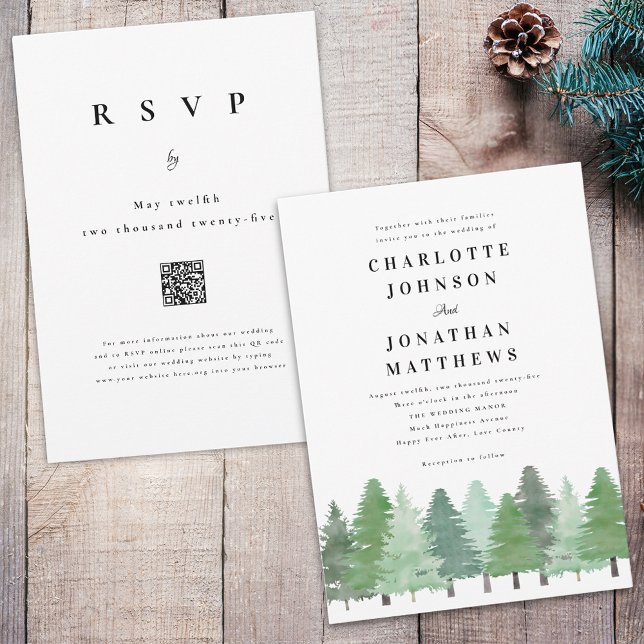 Modern Woodland Forest QR Code Winter Wedand Inbjudningar (Modern watercolor Woodland pine forest qr code wedding invitation)
