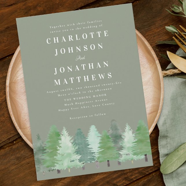 Modern Woodland Forest Sage Grönt Bröllop Inbjudningar (Modern watercolor Woodland forest sage green wedding qr code invitation Elegant typography )