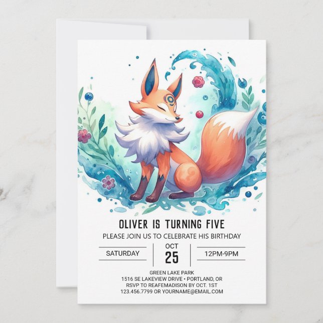 Modern Woodland Fox Birthday Inbjudningar (Framsida)