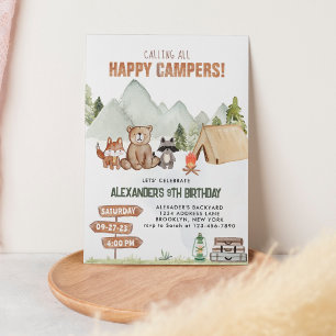 Modern Woodland Lycklig Camper Camping Barns födel Inbjudningar