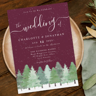 Modern Woodland Rustic Burgundy Winter Wedding Inbjudningar