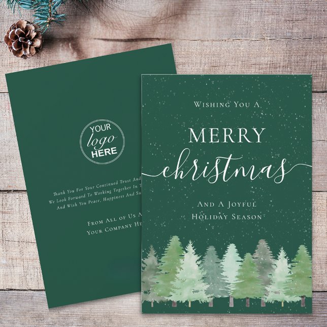 Modern Woodland Snö Business Logotyp jul Julkort (Modern watercolor woodland snow green and white merry christmas company logo business holiday card)