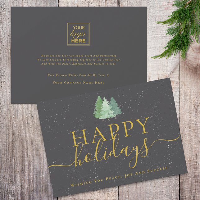 Modern Woodland Snow Your Logo Gray Gold Business Julkort (Modern christmas woodland snow happy holidays business logo gold and gray holiday card)