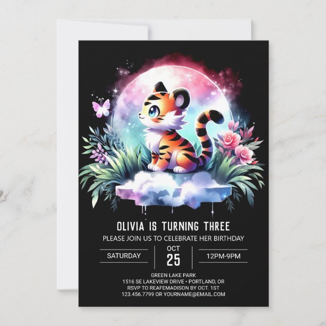 Modern Woodland Tiger Birthday Inbjudningar (Framsida)