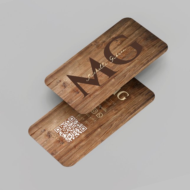 Modern Woodworking Monogram Teak Wood Initialer QR Visitkort (Modern Woodworking Monogram Rustic Teak Wood Initials QR Business Card
)
