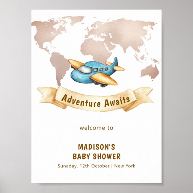Modern World Map Airplane Boy Baby Shower Welcome Poster (Framsidan)