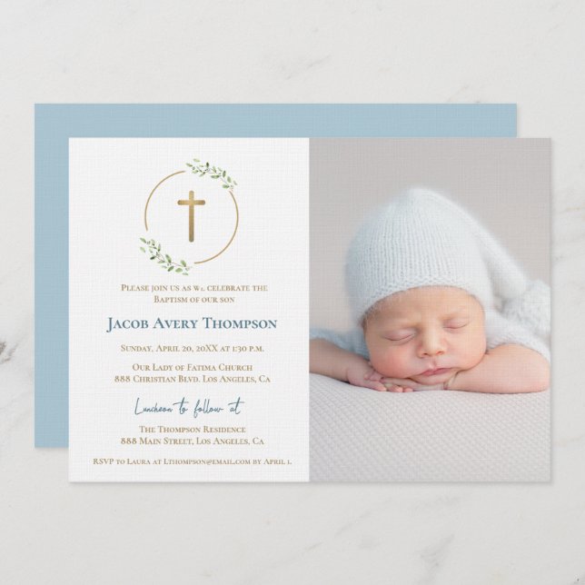 Modern Wreath Gold Cross Baby baptism Photo Blue Inbjudningar (Fram/baksida)