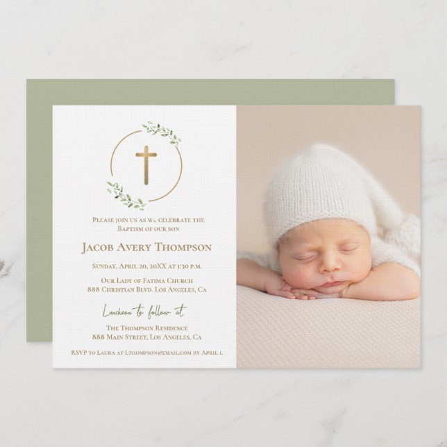 Modern Wreath Gold Cross Baby baptism Photo green Inbjudningar (Fram/baksida)