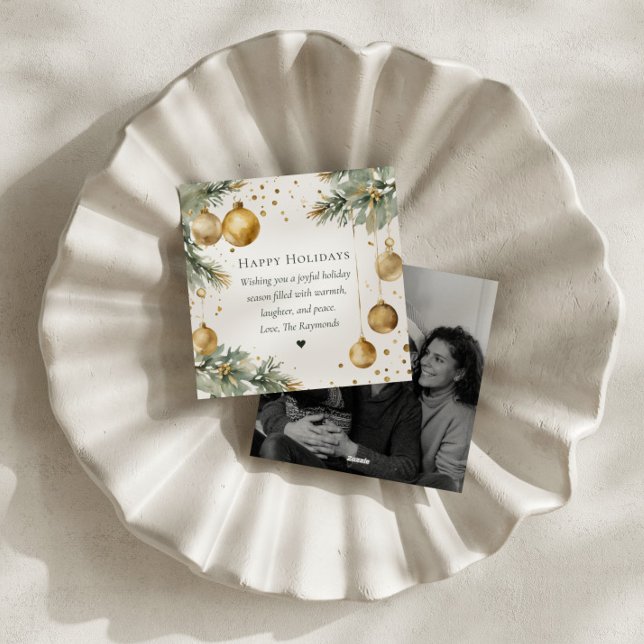 Modern Wreath Green and Gold Happy Holidays Photo Julkort (Skapare uppladdad)
