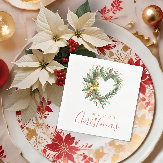 Modern Wreath Heart-Shape Merry Christmas Script Pappersservett (Modern Wreath Heart-Shape Merry Christmas Poinsettias Script Typography Holidays Napkins.)