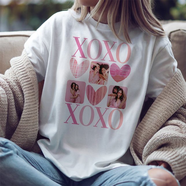 Modern XOXO Rosa Hearts and Photo Collage T Shirt (Skapare uppladdad)