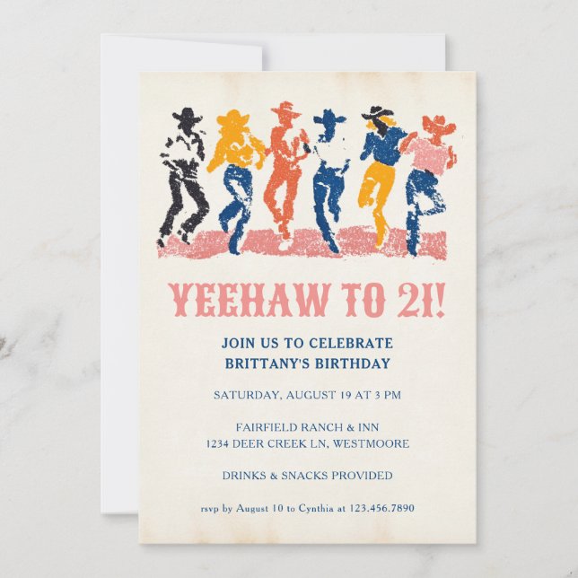 Modern Yehaw Cowgirl 21:a födelsedagen Party Inbjudningar (Framsida)