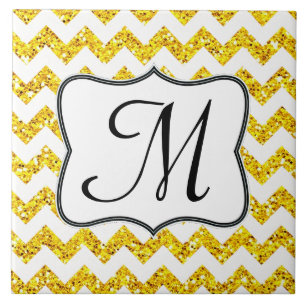 Modern Yello Glitter Chevron Monogram Visning Tile Kakelplatta