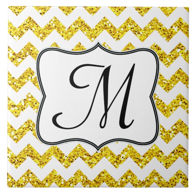 Modern Yello Glitter Chevron Monogram Visning Tile Kakelplatta (Framsidan)
