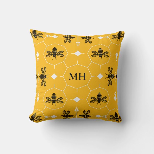 Modern Yellow Elegant Black Bee Pattern Monogram Kudde (Framsida)