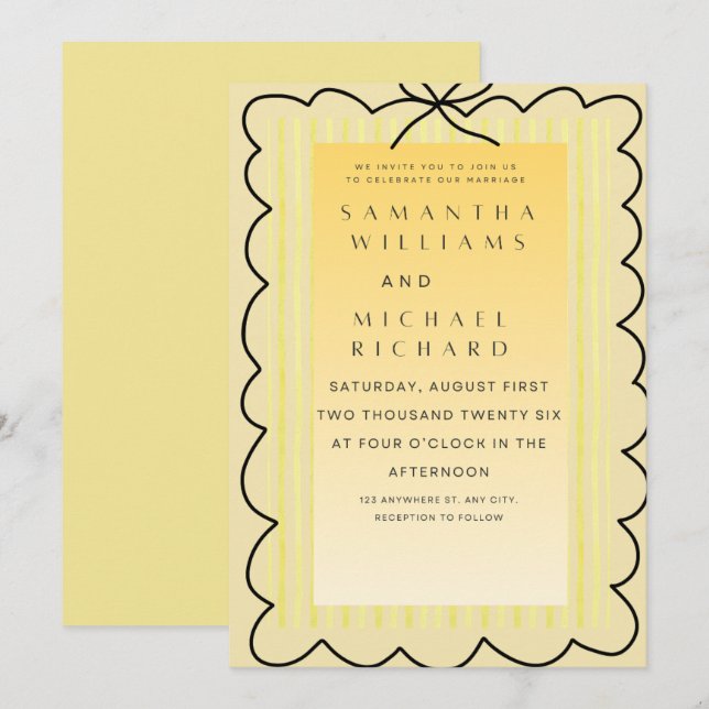 Modern Yellow Scalloped Wedding Invitation, Elegan Inbjudningar (Fram/baksida)