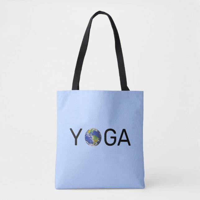 Modern yoga-jord i trendiget på ljusblå mark tygkasse (Framsida)