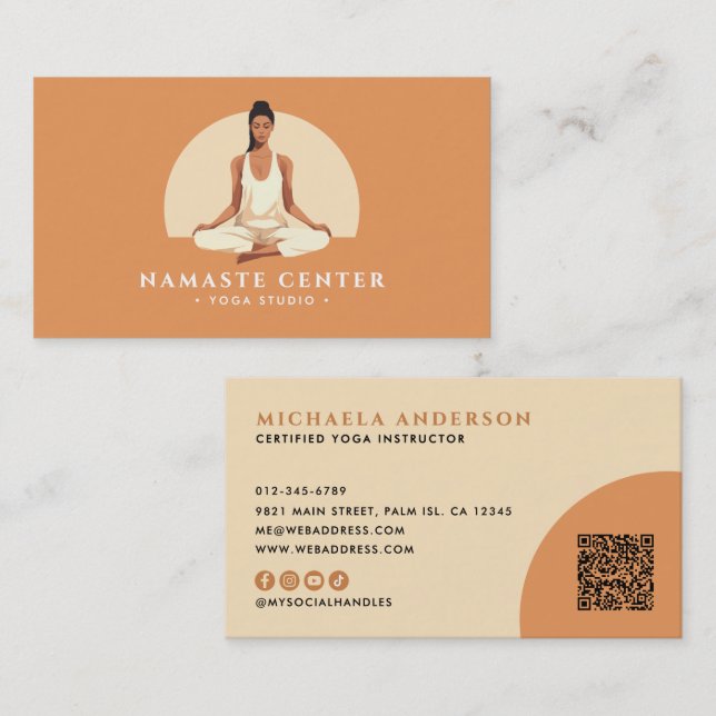 Modern Yoga/Meditation Lotus Pose Socials QR-kod Visitkort (Fram/baksida)