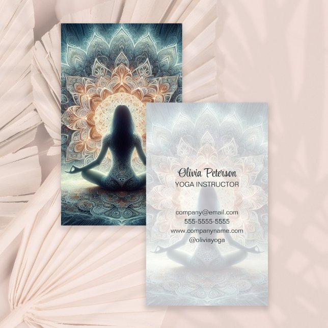 Modern Yoga Teacher Mandala Yogi Girl Visitkort (Modern Yoga Teacher Mandala Yogi Girl Business Card on a boho neutral dry palm leaf.)