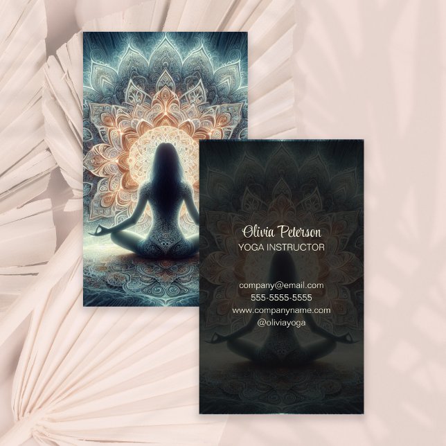 Modern Yoga Teacher Mandala Yogi Girl Visitkort (Modern Yoga Teacher Mandala Yogi Girl Business Card on a boho neutral dry palm leaf.)