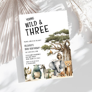Modern Young Vild och tre Safari 3:e födelsedagen Inbjudningar