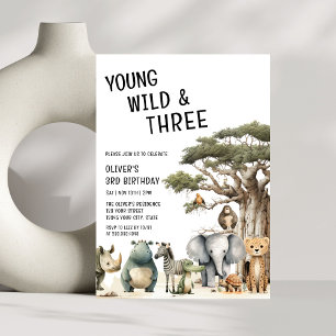 Modern Young Wild och Three Safari 3-årsdag Inbjudningar