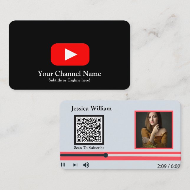 Modern YouTube Vloggerkanal med QR-kod Svart Visitkort (Fram/baksida)