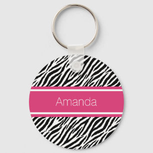 Modern Zebra tryck med Rosa Rand och Namn Nyckelring