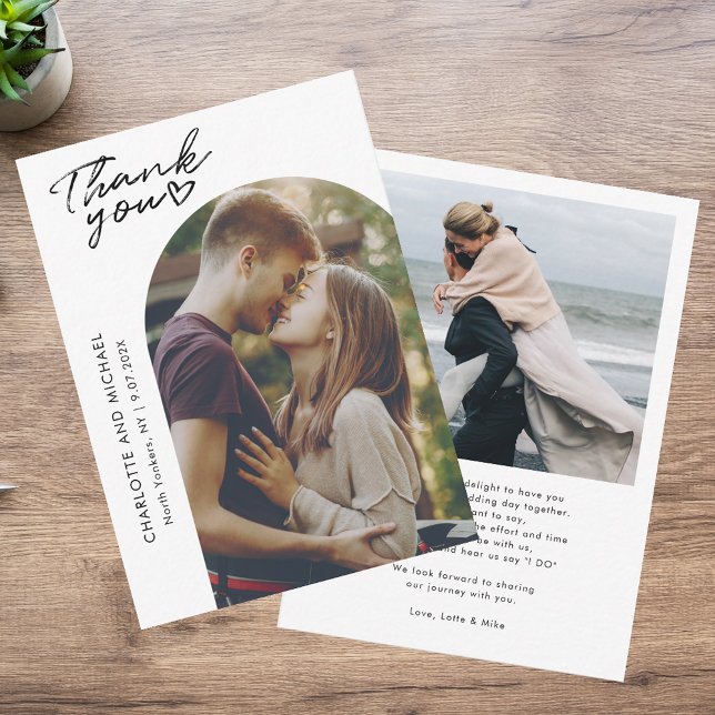 Moderna 2 Bilder Elegant Valvd Bröllak Tack Kort (Modern 2 Photos Elegant Arch Wedding Thank You)