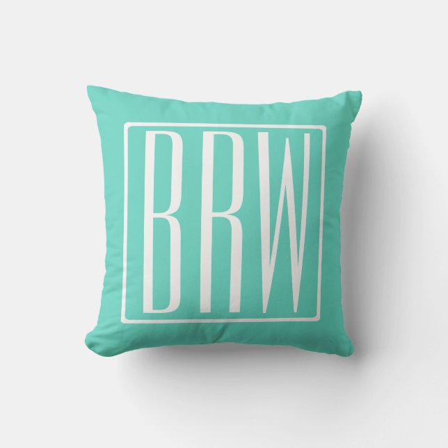 Moderna 3 initialer monogram | Vit på Aqua Kudde (Framsida)