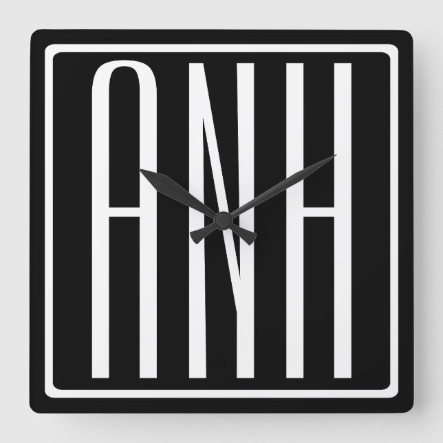 Moderna 3 initialer monogram | Vit på svart Fyrkantig Klocka (Framsida)