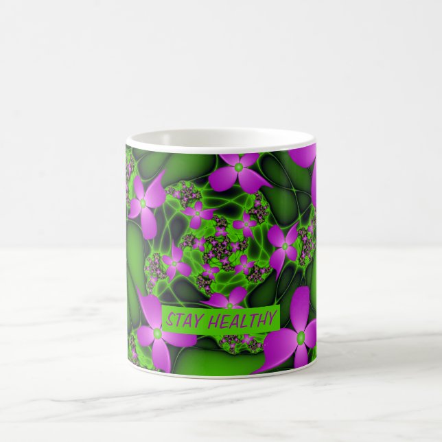Moderna abstrakta neon rosa gröna fraktal blommor kaffemugg (Center)