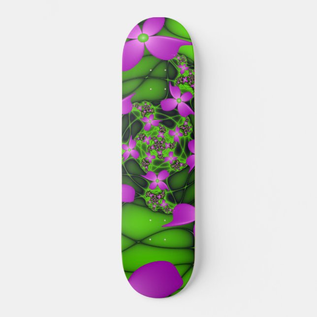 Moderna abstrakta neon rosa gröna fraktal blommor mini skateboard bräda 18,7 cm (Framsida)