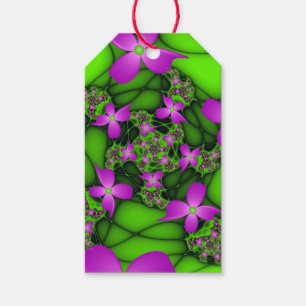 Moderna abstrakta neon rosa gröna fraktal blommor presentetikett