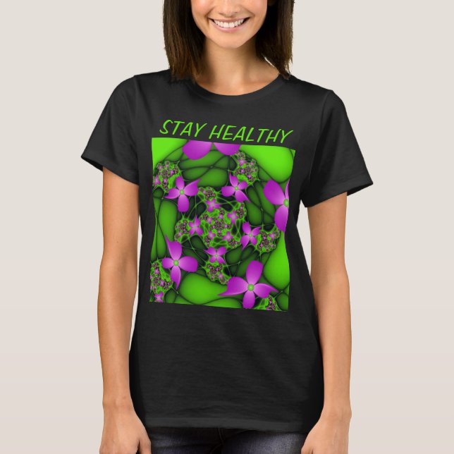 Moderna abstrakta neon rosa gröna fraktal blommor t shirt (Framsida)