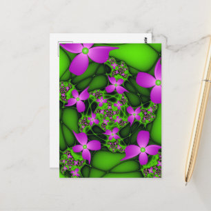 Moderna abstrakta neon rosa gröna fraktal blommor vykort