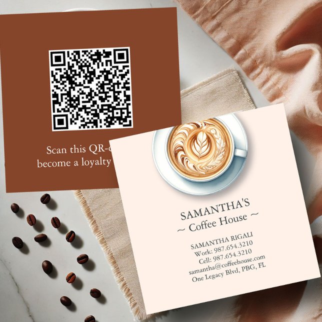 Moderna Affärspresentkort för Kaffebutik Proffs Fyrkantigt Visitkort (business cards with qr-code for a coffee shop features an illustration of a latte)