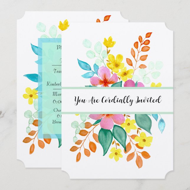 Moderna akvarellblommor i starka färger inbjudningar (Fram/baksida)